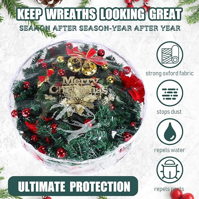Shappy 10 Pcs 36 Inch Christmas Wreath Storage Container Clear Wreath Storage Bags PVC Waterproof Garland Bags with Clear Window Dual Zippers and Handles for Xmas Holiday Artificial Garland (White)