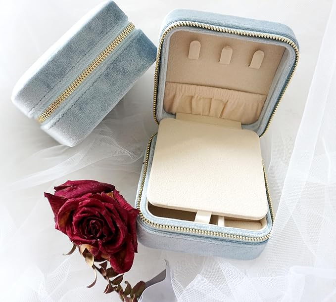 Customizable Compact Velvet Jewelry Box with Mirror, Travel Jewelry Case, Travel Jewelry Organizer, Jewelry Box for Women and Girls, Small Jewelry Organizer (Center Text, Powder Blue)