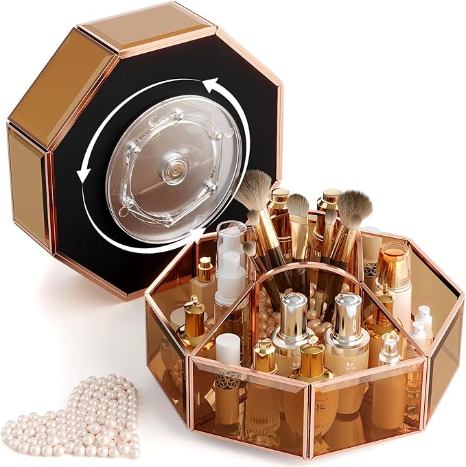 360° Rotating Makeup Organizer Spinning Vanity Organizer with Makeup Brush Holder for Countertop, Bathroom Storage, Skincare, Perfume & Cosmetic Organizer for Vanity Amber
