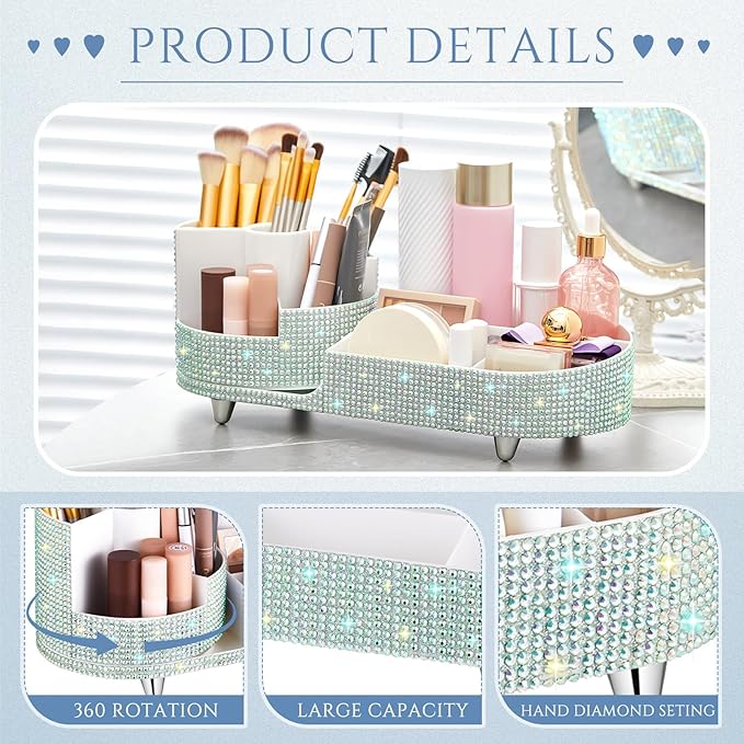 Teen Girls Women Gift 360 Rotating Bling Makeup Organizer Large Rhinestone Diamond Bathroom Organizer Girly Skin Care Brush Holder for Countertop,Bathroom Essentials (Silver,Rhinestone)