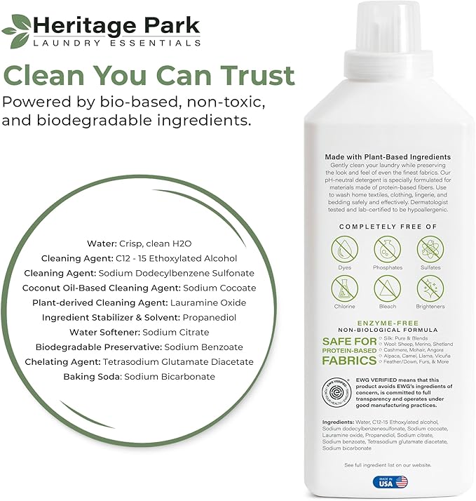 Heritage Park Silk & Wool Fragrance Free, Hypoallergenic, pH-Neutral Laundry Detergent – Dermatologist-tested, Sensitive Skin-Friendly, Enzyme-Free, Concentrated Up to 64 loads (32 fl oz)