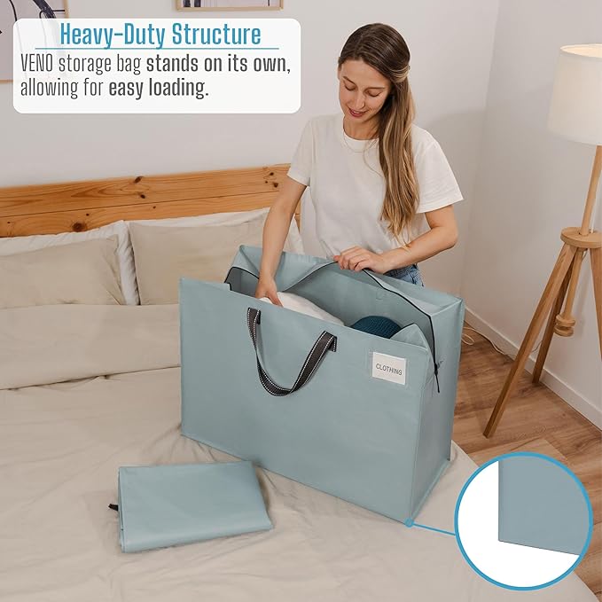 VENO 4 Pack Moving Bags, Christmas Storage Containers, Storage Totes, Zipper On Top, Sturdy, Storage Bags for Camping, Clothes, Bedding, Comforters, Pillows (27 Gallon Light Blue, 4 Pack)