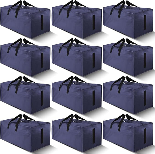 12 Pack Large Strong Moving Bags with Zippers & Carrying Handles - Water-Resistant - Heavy Duty Storage Tote for Space Saving, Fold Flat, Alternative to Moving Box (Blue)
