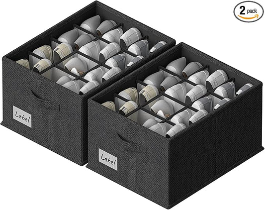 FHSQX 2 Pack Shoe Organizer for Closet,Fits up to 24 Pairs,Fabric Shoe Storage Bins,Large Shoe Box Storage Containers with Bottom Support for Shoes (Black, (16.5 * 12.6 * 9.5) x1)