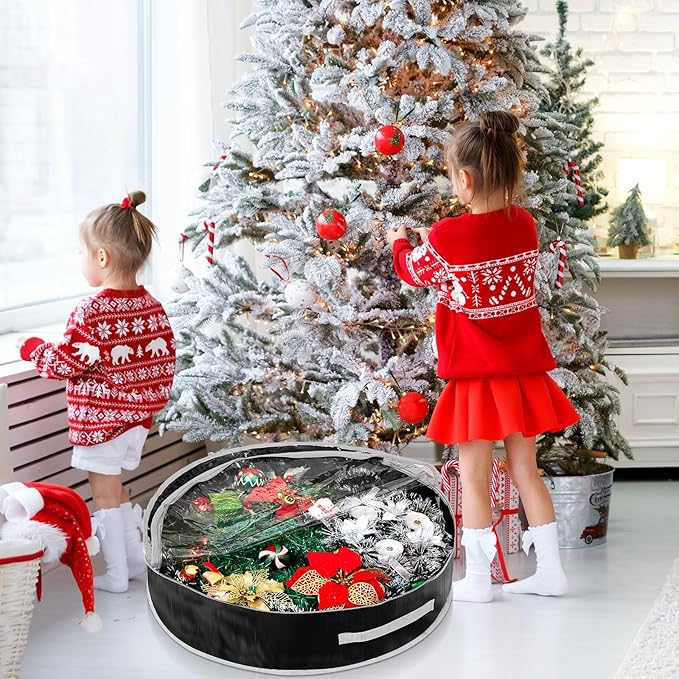 4 Pcs Christmas Wreath Storage Bag, Christmas Garland Storage Container with Clear Window, Zipper & Handle for Xmas Holiday Seasonal Wreath Garland Box(Black,36")
