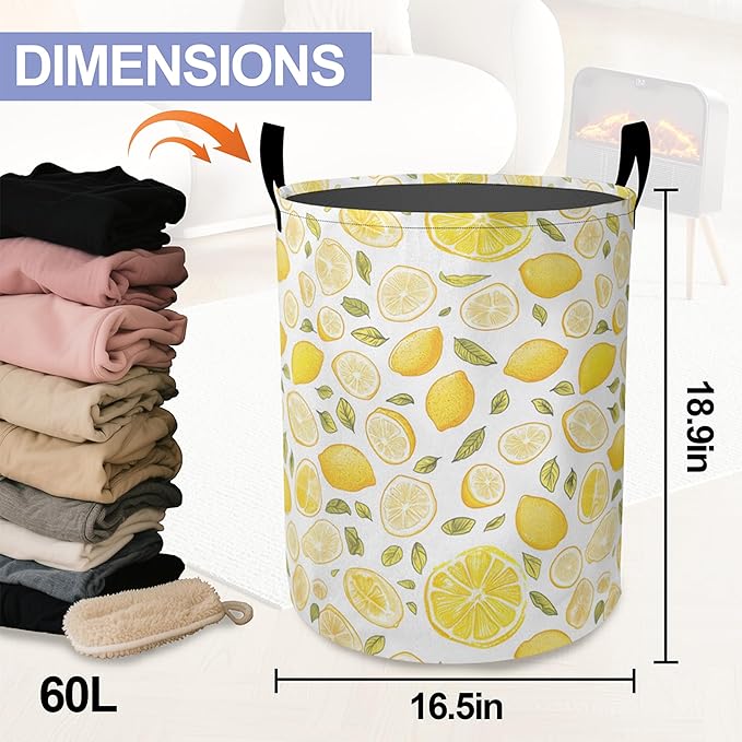 Yellow Lemon Laundry Hamper Large Canvas Fabric Lightweight Storage Basket/Dirty Clothes Collapsible Waterproof for College Dorms, Boys and Girls Bedroom,Bathroom