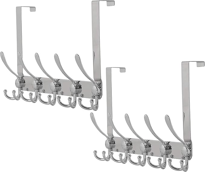 Dseap Over The Door Hook Hanger - Fits 1 3/8" to 1 3/4" Standard Doors | 5 Tri Hooks Heavy Duty Towel/Coat Rack | Door Organizer for Clothes, Jackets, Hats, Towels, Chromed, Pack of 2