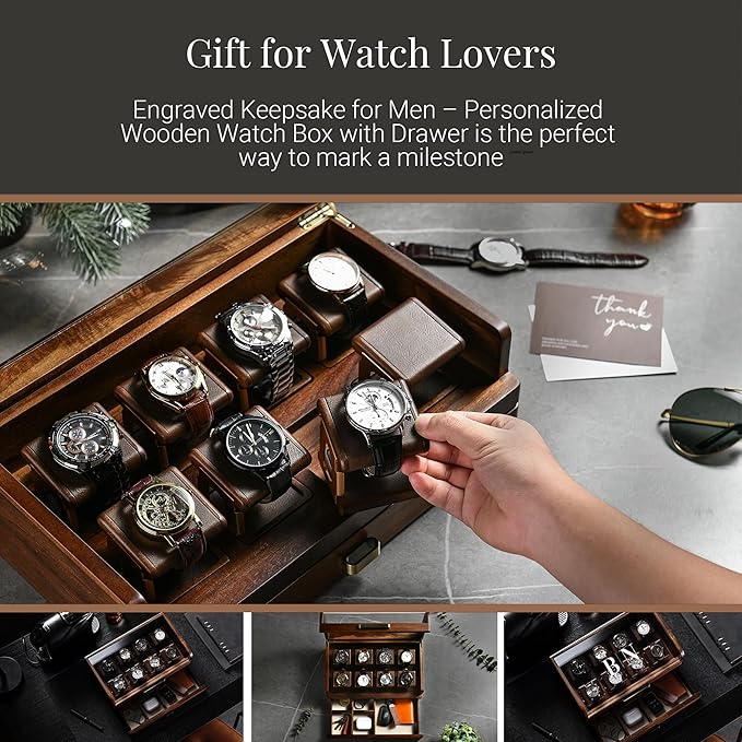 Personalized 8 Slot Wooden Watch Box with Acrylic Lid & Drawer – Engraved Men’s Watch Organizer, Detachable Stands – Luxury Gift for Watch Collector, Groomsmen, Anniversary, Father’s Day