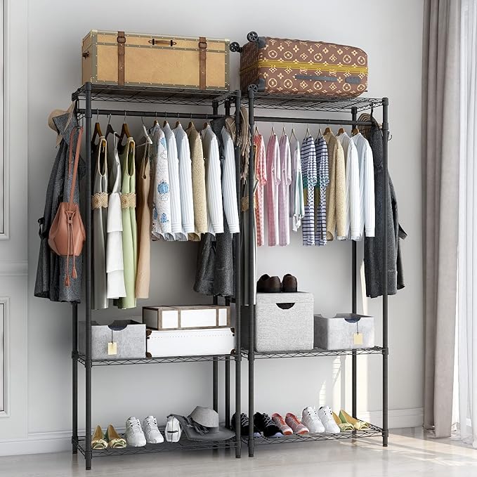 Xiofio 3 Tiers Heavy Duty Clothes Rack for Hanging Clothes Rack,Freestanding Closet with 2 Side Hooks and Hanging Rod, 29.1" L x 15.7" W x 76.3" H,Max Load 500LBS,Black