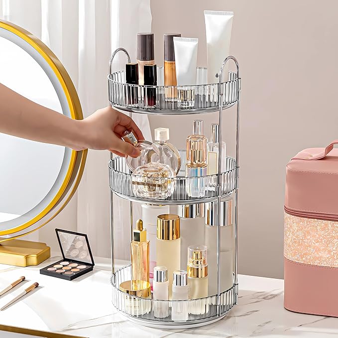 360 Rotating Makeup Organizer for Vanity, Bathroom Countertop Spinning Perfume Organizer, High-Capacity Cosmetic and Skincare Dresser Make Up Holder Rack (3 Tiers, Grey)