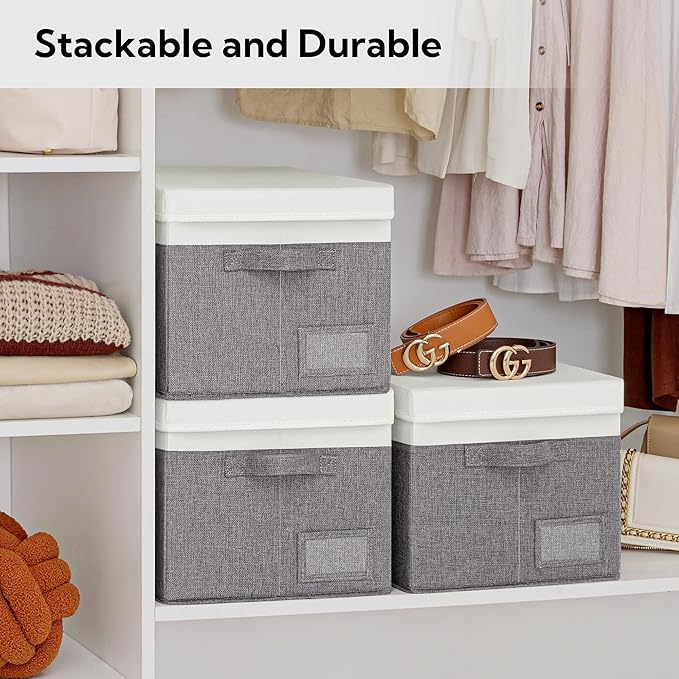 GRANNY SAYS Storage Bins with Lids, Linen Closet Storage Boxes, Collapsibe Storage Bins for Clothes, Storage Containers with Label Holder, 3-Pack, Gray&Ivory