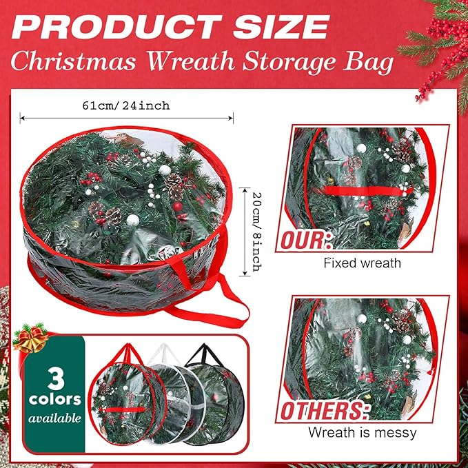 Zhengmy 6 Pcs Clear Christmas Wreath Storage Bag Wreath Storage Container With fixing strap Wreath Storage Box with Handles for Storing Garland Holiday Wreath Wrapping(24 Inches)