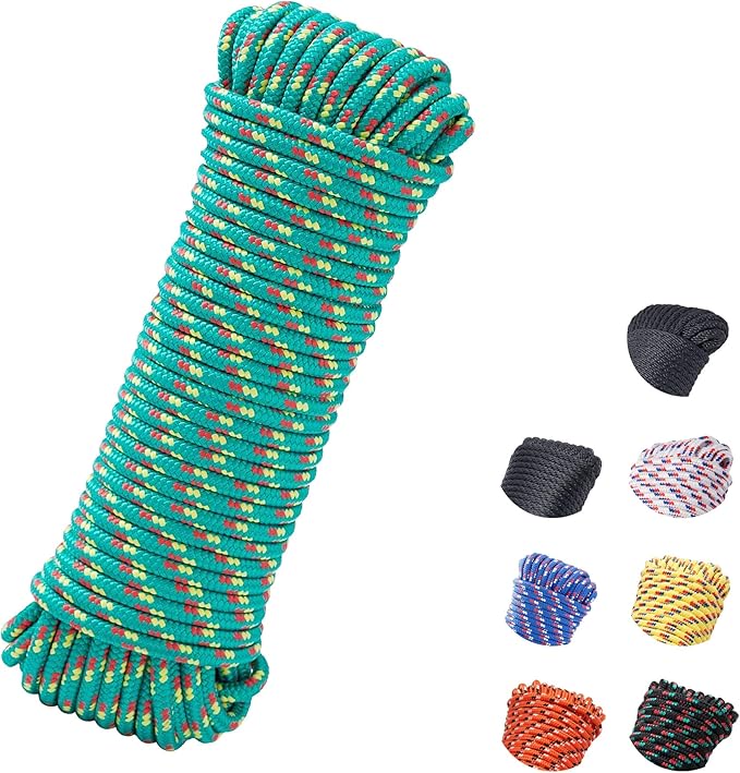 3/8 Inch 100 ft Diamond Braided Polypropylene Rope, All Purpose Thick Boat Marine Ropes for Camping and Flag Pole, Indoor and Outdoor Use, Green
