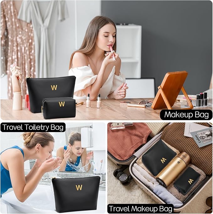 Valentine's Day Gifts for Women Girlfriend Initial Makeup Bag for Teen Girls Personalized Gifts for Friend Teacher Mom Wife Cosmetic Travel Toiletry Bag(Black,W)