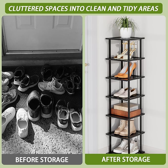 Vertical Tall Shoe Rack Organizer for Entryway -7 Tier Free Standing Slim Narrow Bamboo Wood Corner Stackable Shoe Boots Storage Stand Small Spaces for Closet Garage Cloakroom Living Room (Black)