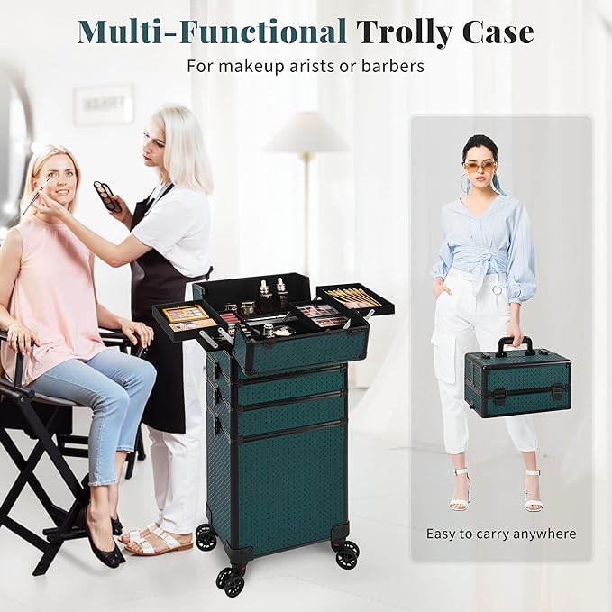 AROUS Rolling Makeup Train Case 4 in 1 Cosmetology Case on Wheels Large Storage Cosmetic Trolley with Key Salon Barber Case Traveling Cart Trunk, Green