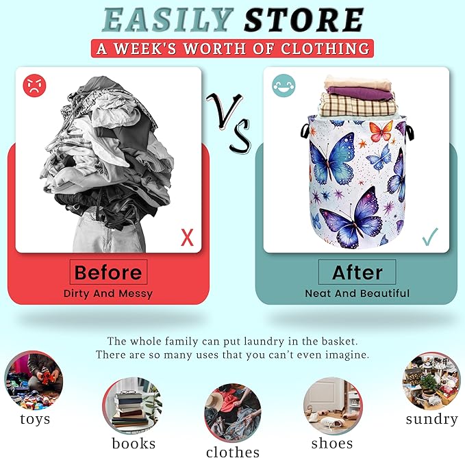 Beautiful Butterfly Laundry Hamper Foldable With Handles Tote Bag Universal Oxford Cloth Colorful Laundry Basket Clothes Toy Storage Bucket 18.9" x 16.5" For Bathroom/Laundry/Bedroom