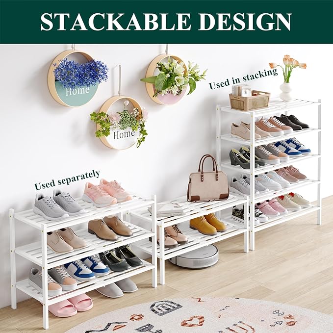 Smiry Bamboo Shoe Rack 4-Tier, Stackable Wooden Shoe Organizer for Entryway & Closet, Free Standing Wood Shoe Storage Shelf for Front Door & Small Spaces, White