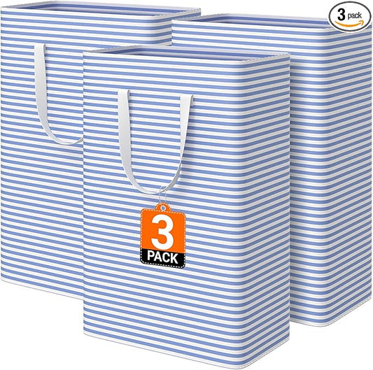 3 Pack Large Laundry Basket,Waterproof & Freestanding Laundry Hamper,Collapsible Clothes Hampers with Easy Carry Long & Reinforced Handles in Bathroom,College Dorm(125Lx3,Blue)