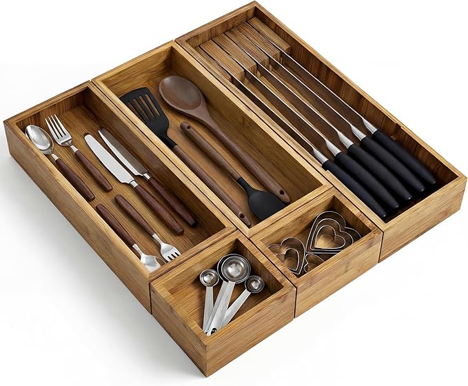 KOCWELL Bamboo Silverware Drawer Organizer with Knife Block, 5 Removable Drawer Organizer Bins - Multi-Use for Kitchen Utensils, Office, Makeup, Tools Storage