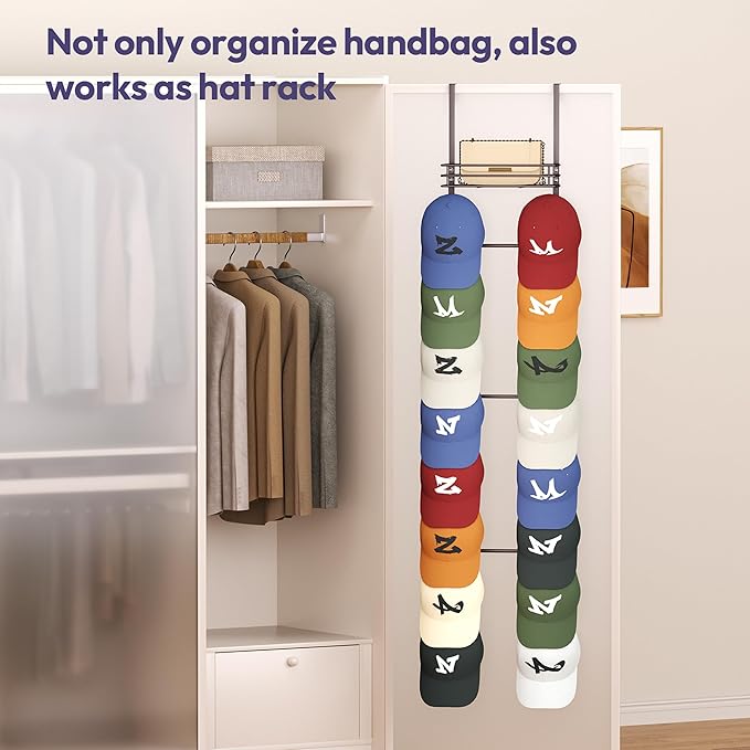 SWTYMIKI Over The Door Purse Organizer - Wall Mounted Handbag Organizer with 16 Hooks and Metal Basket, Hanging Purse Storage Rack Holds up to 16 Bags, Bag Rack Can Use As 1/2 Part, for Door, Closet