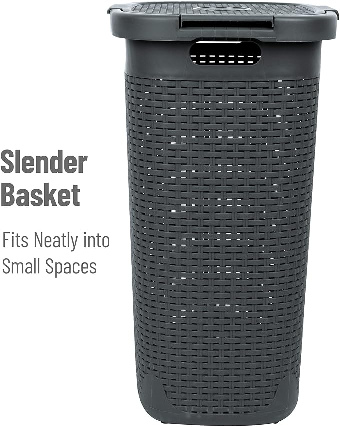 Mind Reader Slim Laundry Hamper with Lid, 60L Clothes Basket, Premium Wicker Design, Plastic, Gray
