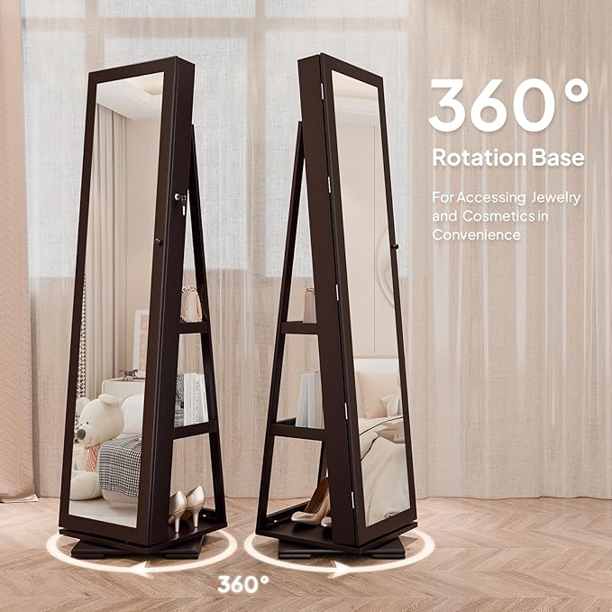 Bonnlo 360° Swivel Jewelry Mirror Cabinet with Inside Makeup Mirror,Full Length Mirror with Jewelry Storage, Lockable Standing Jewelry Armoire Organizer, Espejo Oon Almacenamiento for Bedroom,Brown