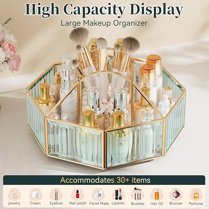 360° Rotating Makeup Organizer Spinning Vanity Organizer with Makeup Brush Holder for Countertop, Bathroom Storage, Skincare, Perfume & Cosmetic Organizer for Vanity