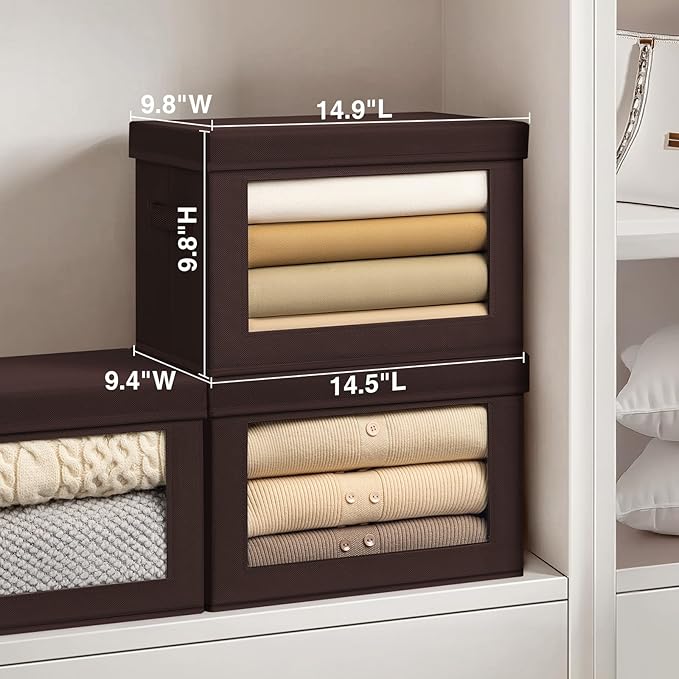 Foldable Storage Boxes with Clear Window - Clothes Organizers and Decorative Bins with Lid, Fabric Storage Cube, Baskets for Shelves, Yarn, Home, Brown, 3 Pack