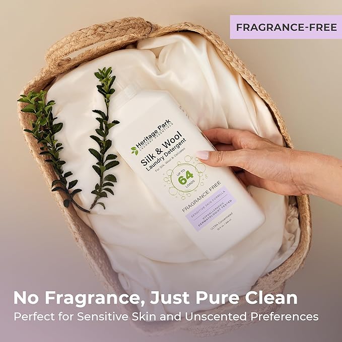 Heritage Park Silk & Wool Fragrance Free, Hypoallergenic, pH-Neutral Laundry Detergent – Dermatologist-tested, Sensitive Skin-Friendly, Enzyme-Free, Concentrated Up to 64 loads (32 fl oz)