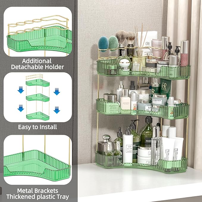 3 Tier Corner Bathroom Organizer Countertop, Vanity Makeup Organizer with Brush Holder, Space-Saving Skincare Storage Corner Shelf for Bathroom, Dressing Table, Kitchen