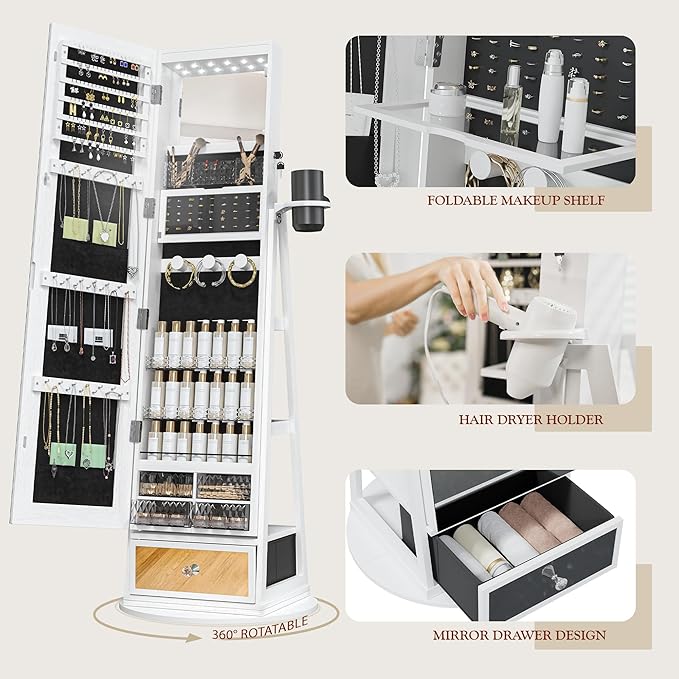 Mirror Jewelry Cabinet Standing, 6 LED Lights, 360° Swivel Full Length Mirror with Storage, Jewelry Armoire Organizer with Drawer, Foldable Makeup Shelf