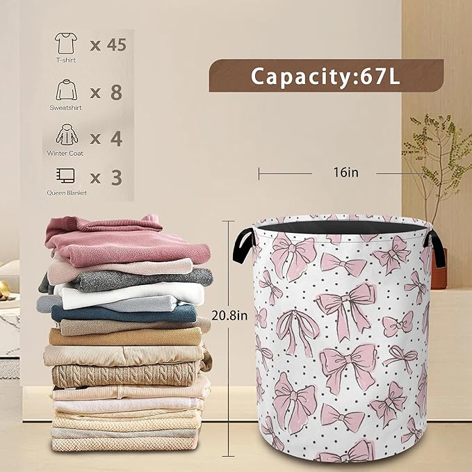 Pink Bow Collapsible Laundry Baskets,Black Dots Laundry Hamper,Storage Basket with Handles for Bathroom Bedroom College Dormitory Living Room Nursery Organizer 16"x20"