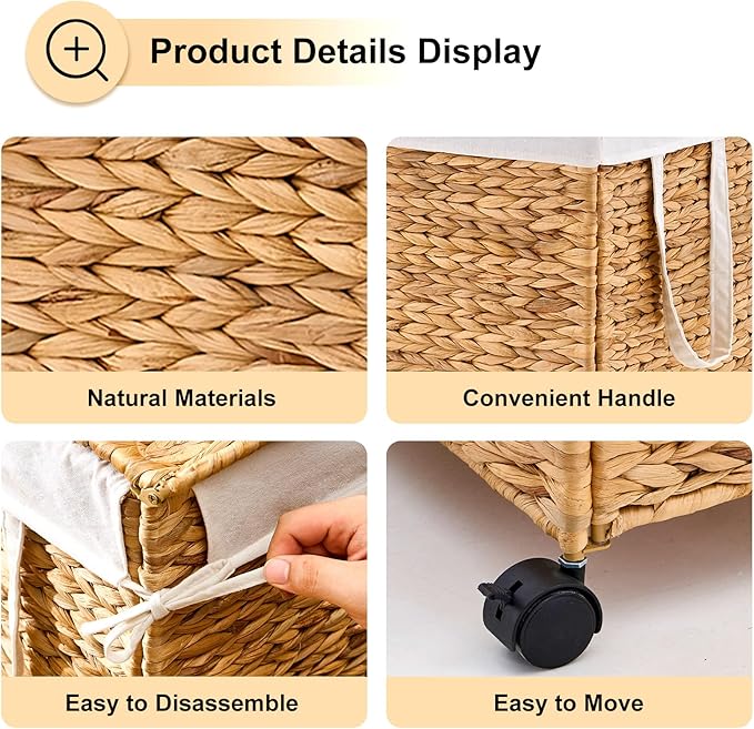 Laundry Hamper with Lid, Large Capacity Woven Natural Water Hyacinth Laundry Sorter with Removable Liners, Rolling or Non-Slip Design for Bedroom (Natural, 100L)