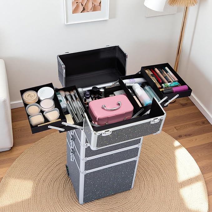 Makeup Rolling Train Case - Professional Cosmetics Organizer with Aluminum Frame, Folding Trays & Wheels, Portable for Travel & Studio (Black Diamond)