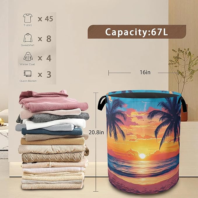 Laundry Hamper,Tropical Palm Laundry Basket,Sunset Sea Beach Waterproof Oxford Cloth Storage Basket with Handle for Clothes Books Nursery Home Storage Sundries 16"x20"