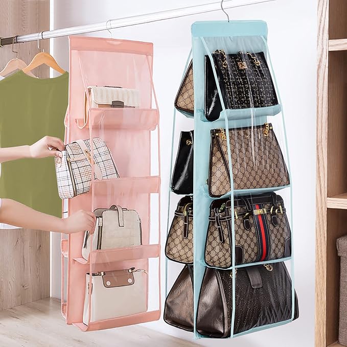 Lirex 2 Pack 8-Pocket Hanging Purse Organizer Bundle, Minimalist Style, Hanging Handbag Organizer for Closet, Light Blue and Light Pink