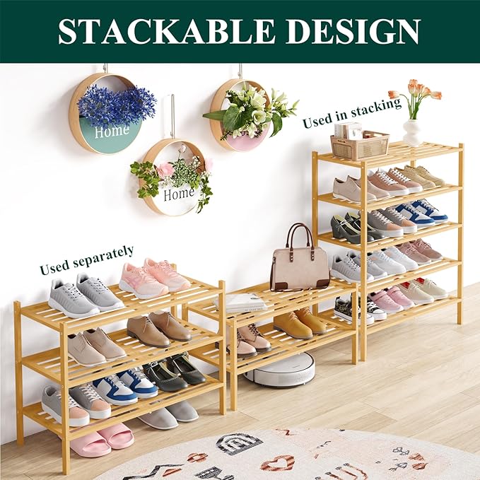 Smiry Bamboo Shoe Rack 5-Tier, Stackable Wooden Shoe Organizer for Entryway & Closet, Free Standing Wood Shoe Storage Shelf for Front Door & Small Spaces, Natural