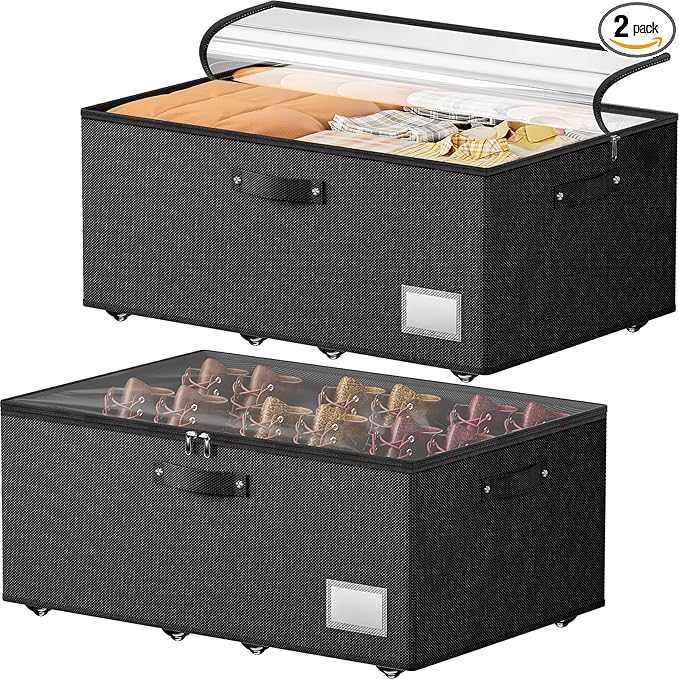 Underbed Storage with Wheels, 2 Pack Under Bed Storage Containers with Clear Lids, No Assembly Required 10.1 inch Rolling Under Bed Storage for Clothes, Blankets