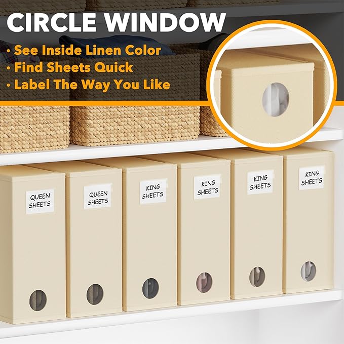 SpaceAid 6 Pack Bed Sheet Organizers and Storage, Foldable Sheet Organizer for Linen Closet, Sheets Set Folder Keeper with Window XL (Queen & King Size) Bedding Container (Beige, 6 Pack)