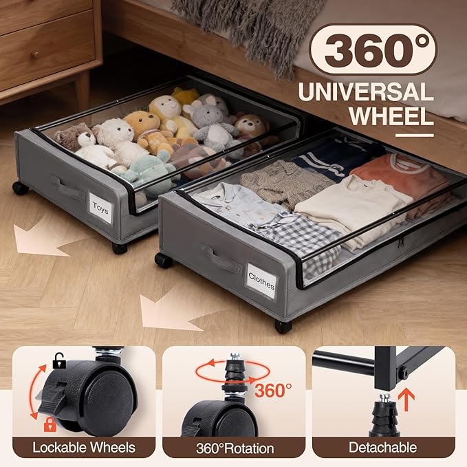 Under Bed Storage with Wheels, 2 Pack Under bed Storage Containers,XXL 60L Rolling Under bed Storage Bins for Clothes, Shoes, Blankets in Bedroom, Dorm,Grey