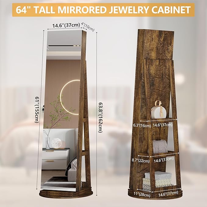 LVSOMT 360° Swivel Jewelry Cabinet with Full Length Mirror, 63" Large Capacity Jewelry Organizer Armoire, Lockable Mirror with Jewelry Storage, Floor Standing Mirror, Storage Shelves (Retro Brown)