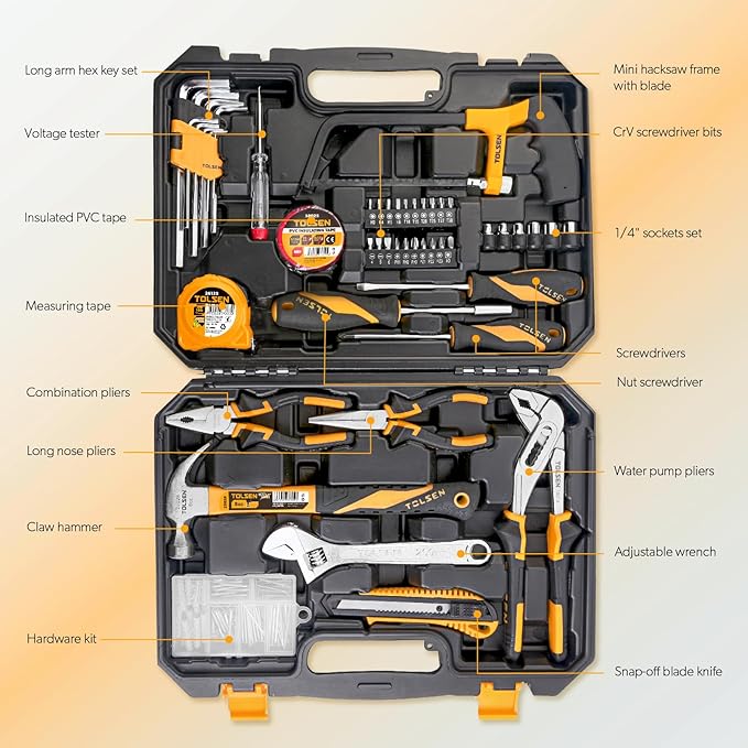 TOLSEN Tool Set for Home Maintenance and Daily Use, General Household Hand Tool kit with Plastic Storage Toolbox, 119 Pieces Home Tool Kits for All Purpose