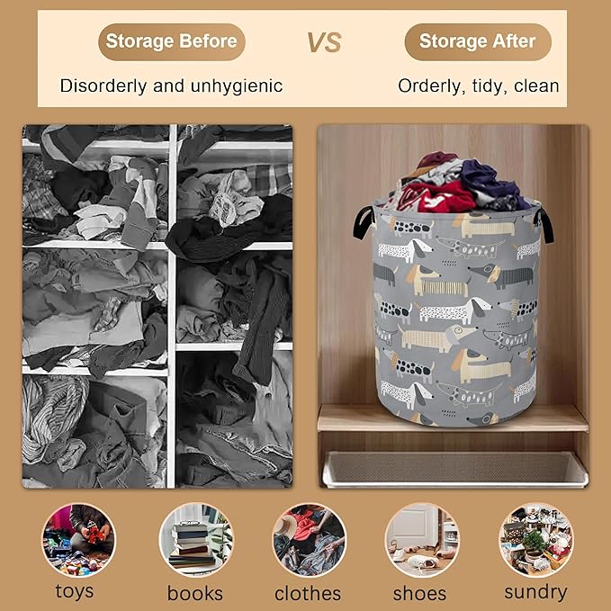 Cute Dachshunds Laundry Basket,Grey Dogs Collapsible Laundry Baskets with Handles,Waterproof Oxford Cloth Storage Basket 16"x20" for Bathroom/Bedroom/Dormitories