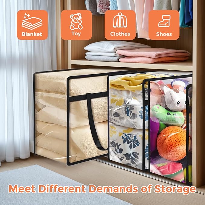 Budding Joy 6 Pack Clear Zippered Storage Bags for Clothes,40L Closet Organizers and Storage Containers Vinyl Moving Bag for Bedding, Linen, Blankets, Comforters, Clothing & Toys, Black