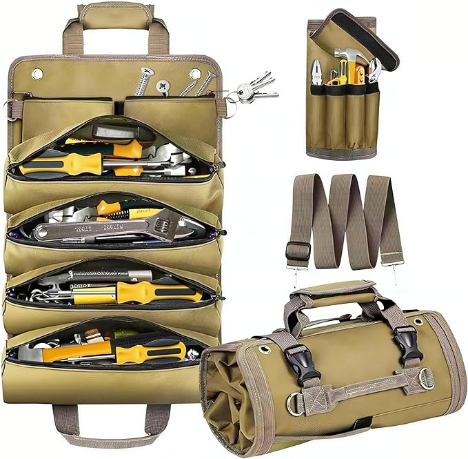 Roll Up Tool Bag-Tool Roll Organizer Heavy Duty Portable Tool Roll Bag for Mechanic Handyman Electrician Motorcycle Tools, Durable Tool Storage Gift for Men, Dad Birthday Gift