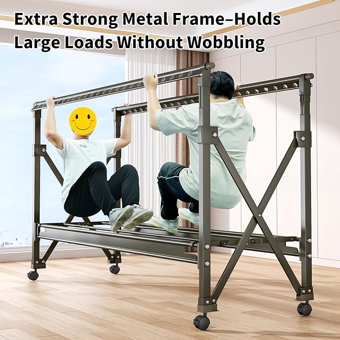 Double Rod Foldable Collapsible Extendable Rolling Clothes Drying Rack with Wheels, Heavy Duty Adjustable Freestanding Metal Large Garment Rack for for Apartment Indoor Outdoor Balcony Laundry, Grey