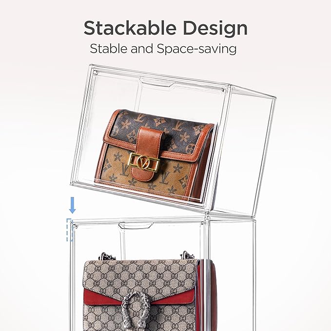 HBlife 14 Pack Purse Storage Organizer for Closet, Large Clear Stackable Handbag Display Case Box with Magnetic Door for Collectibles, Cosmetics, Women Heels and Toys