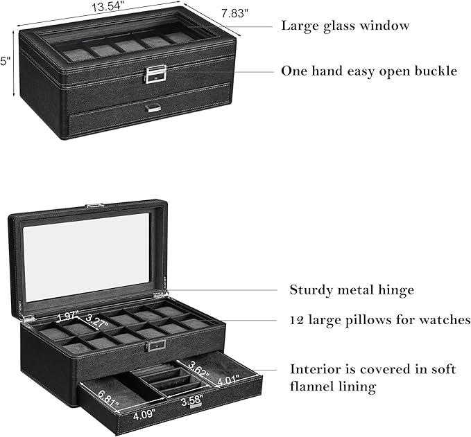BEWISHOME Watch Box for Men, 12-Slot Watch Case with Drawer, 2-Layer Mens Jewelry Box with Large Glass Lid, Watch Display Case Watch Holder Organizer Watch Storage for Men Women Black, SSH02L