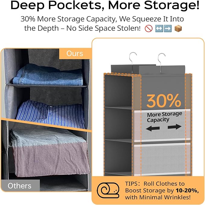 Extra Deep Hanging Closet Organizer with 6 Shelves and Oversized Mesh Pockets, Heavy-Duty Structure, No Deformation, Max Storage for Clothes, Shoes, Hats, Dorms and RVs, Grey,1-Pack
